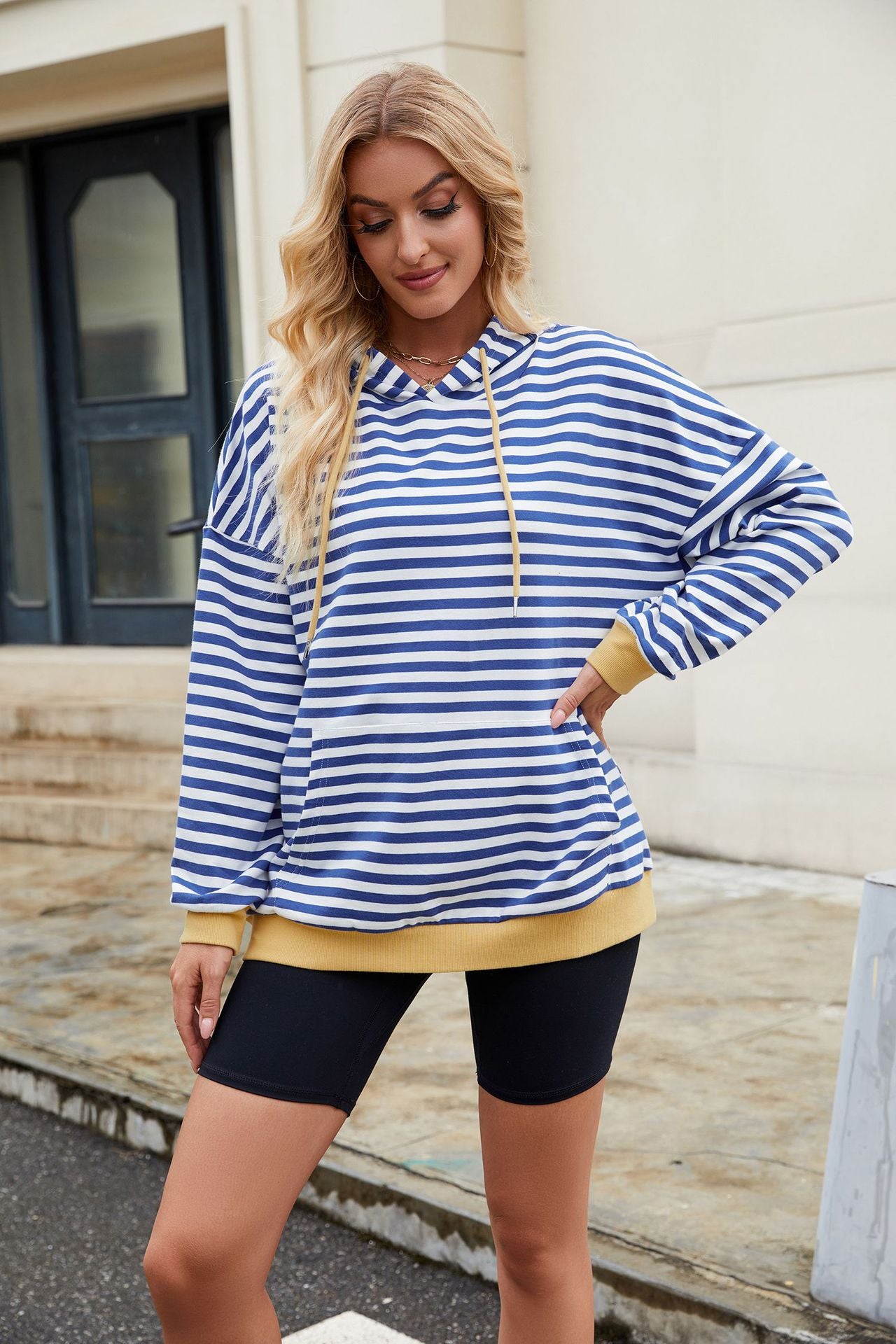 Striped Contrast Casual Hooded Loose Pocket Sweater