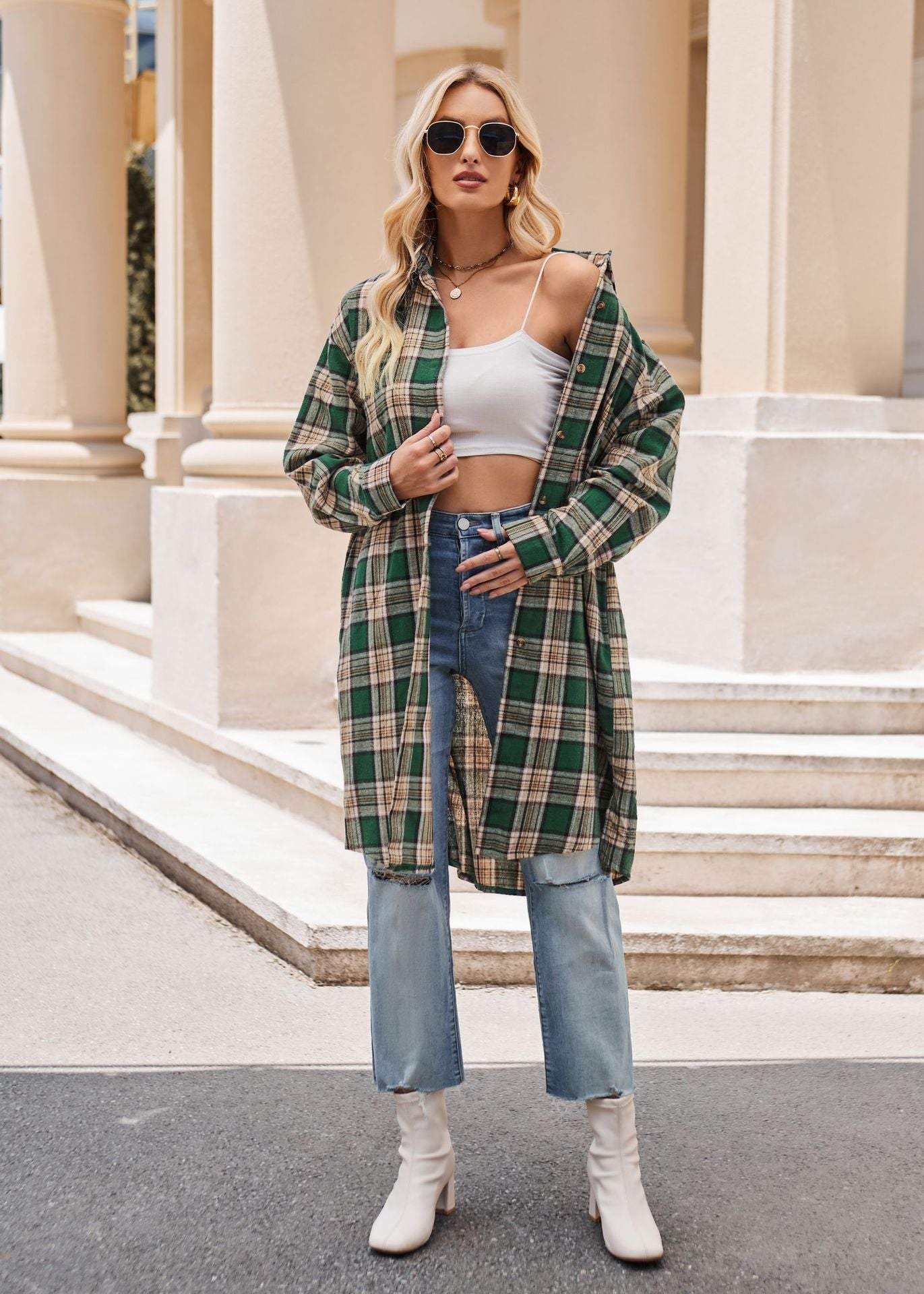 Women's Casual Fashion Loose Long Trench Coat Plaid Shirt