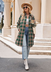 Women's Casual Fashion Loose Long Trench Coat Plaid Shirt