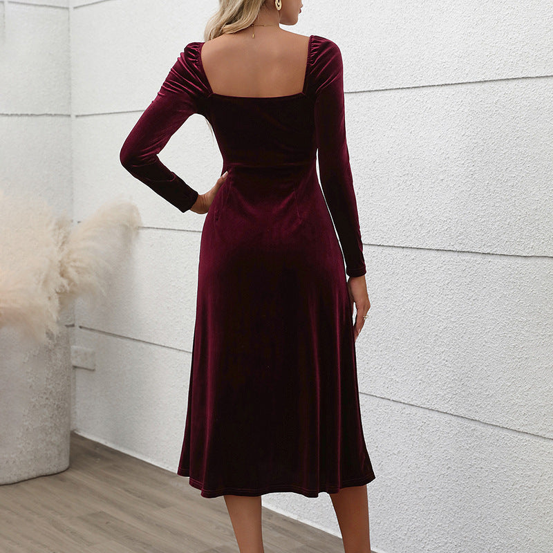 Velvet Dress  Square Neck Smocked Ruffle Flowy Midi Dresses