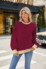 Striped Crew Neck Contrast Color Loose Long Sleeve Sweater