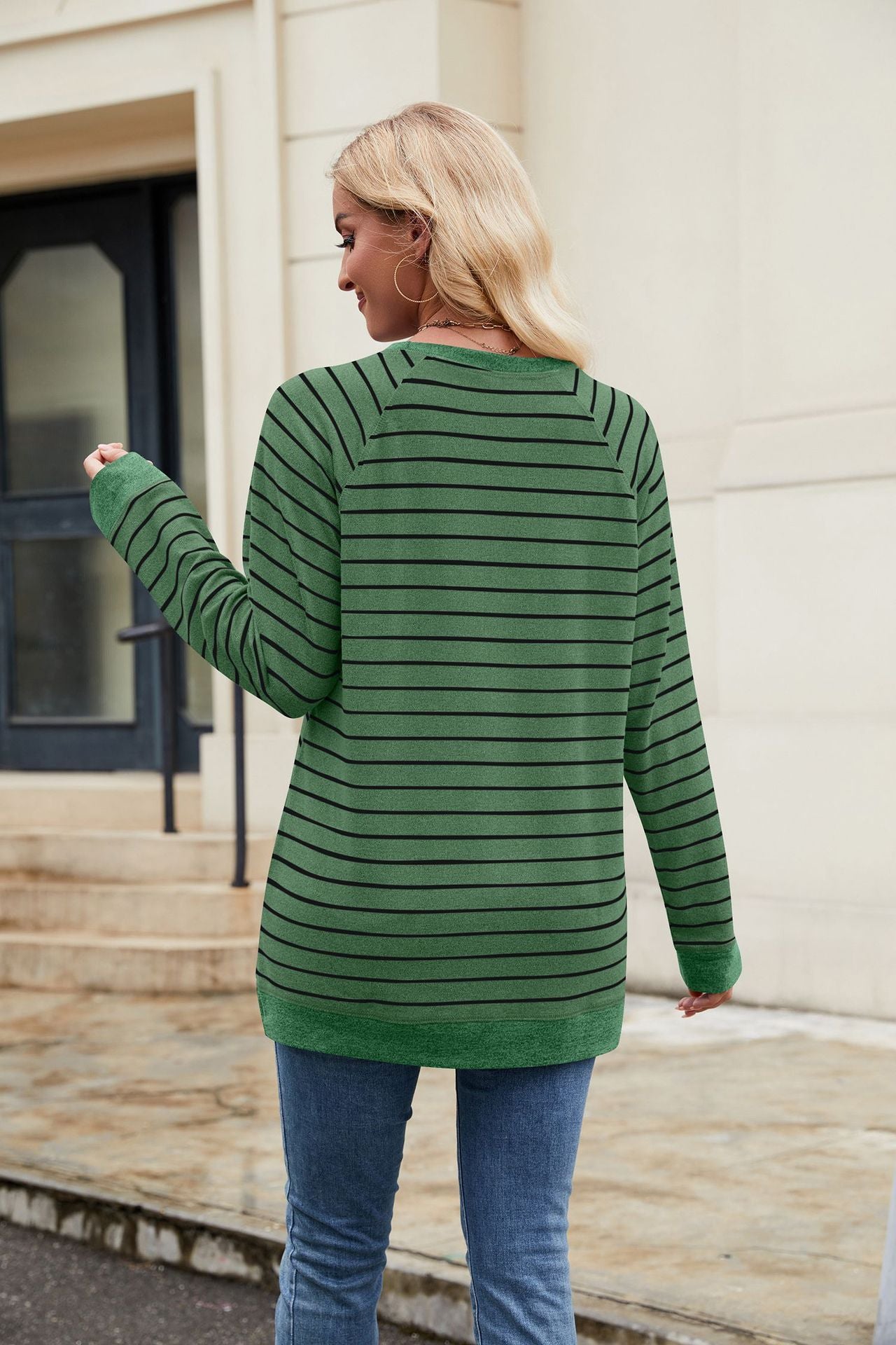 Striped Contrast Color Crew Neck Long Sleeve Loose Casual