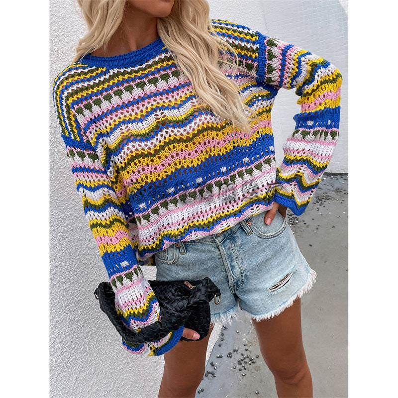 Splicing Knitted Sweater Loose Crew Neck Striped Sweater