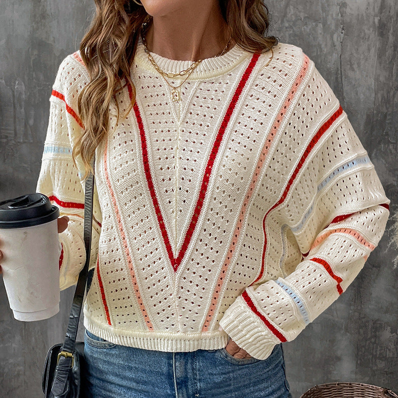 Women's Colored Striped Sweater Crew Neck Pullover