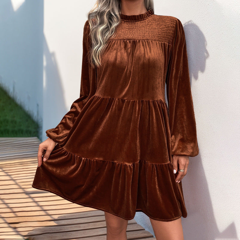 Long Sleeve Dress Solid Color Velvet Temperament Elegant Dress