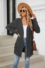 Solid Color Pit Strip Abraded Pocket Cardigan Long-sleeved Jacket