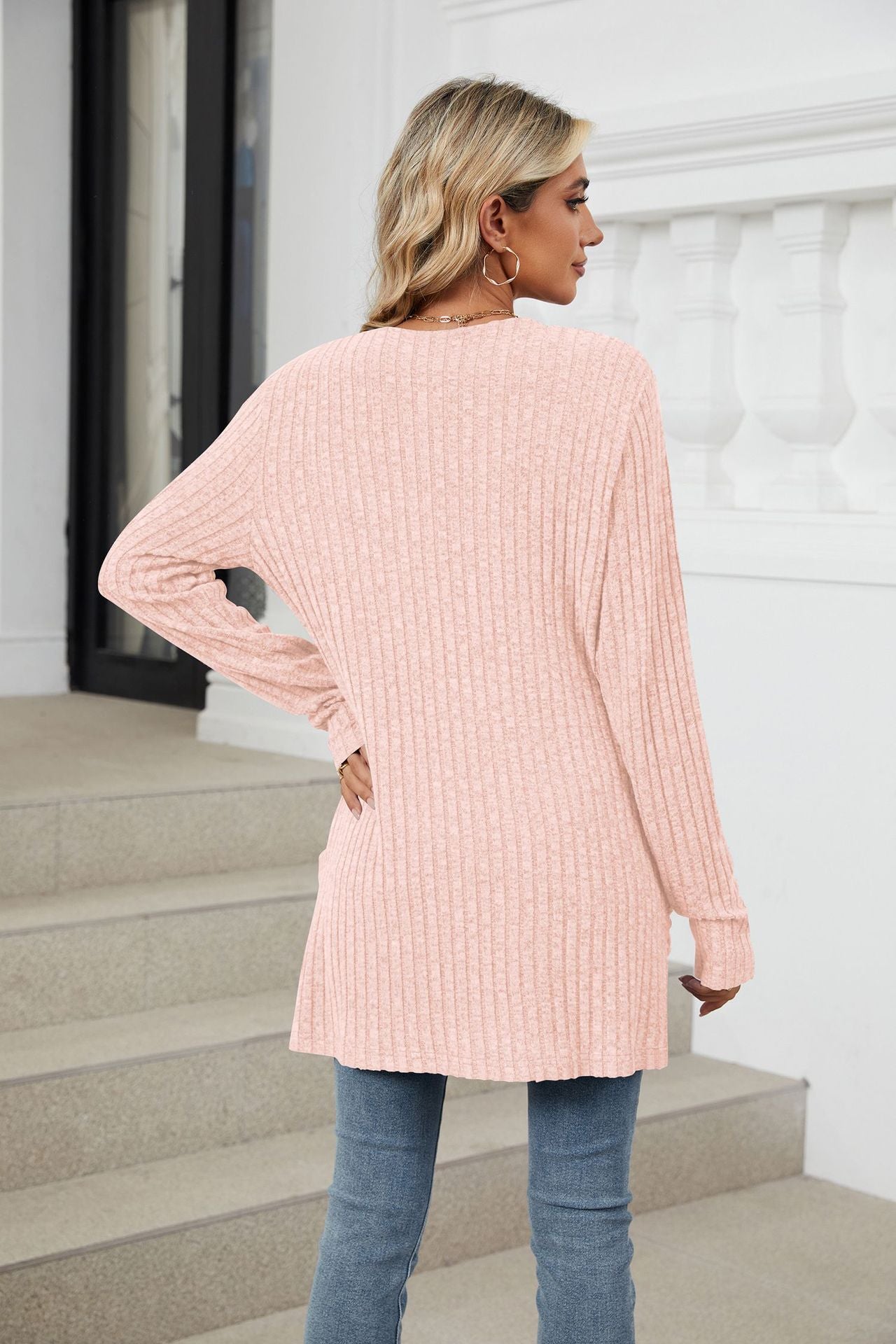 Solid Color Pocket Long-sleeved Bottom Cardigan Knitted Sweater