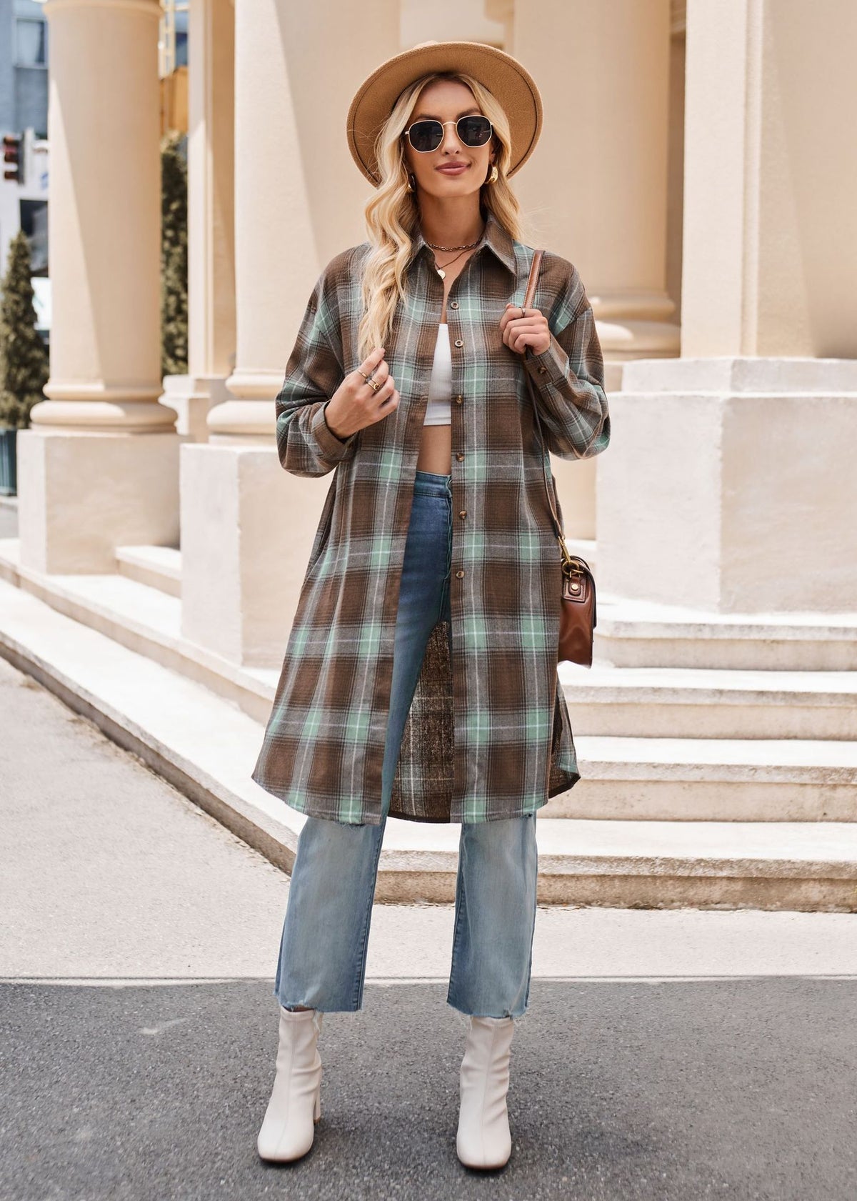 Women's Casual Fashion Loose Long Trench Coat Plaid Shirt