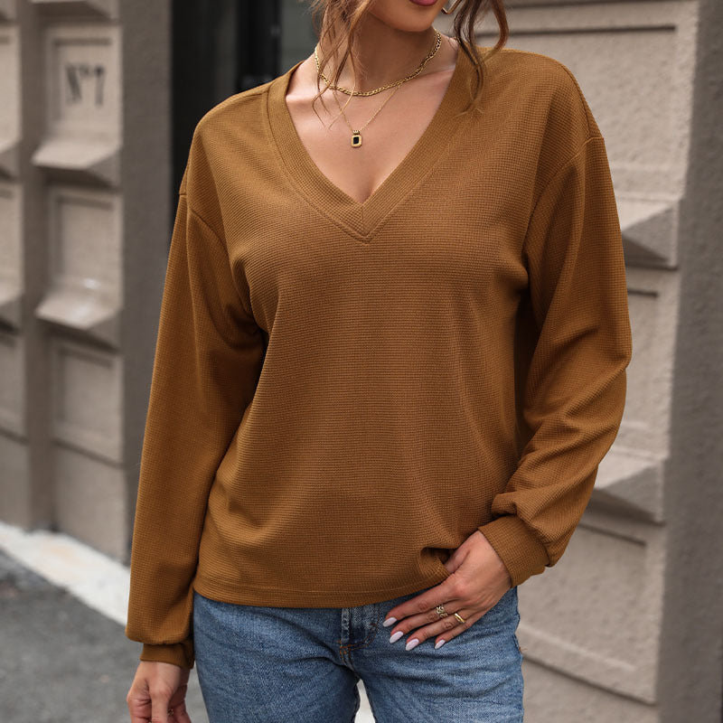 Women's Waffle V-Neck Long Sleeve T-Shirt