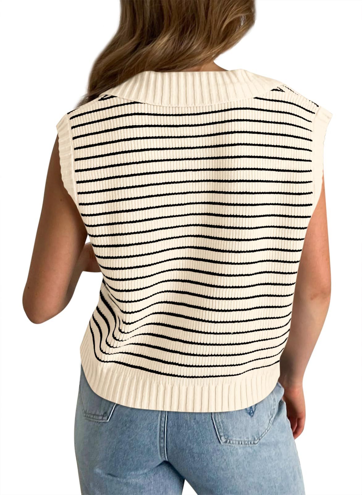 V-Neck Knitted Top Casual Striped Lapel Sweater