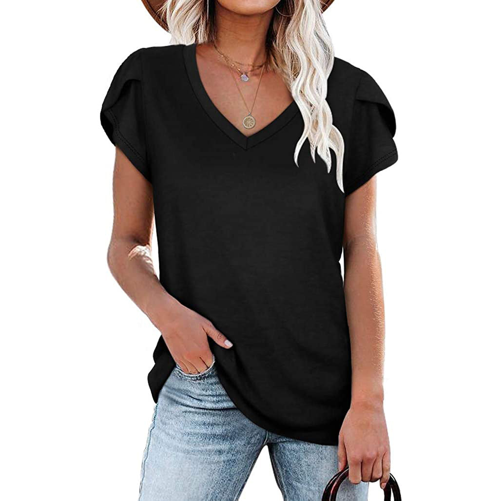 Solid Color V-neck Short-sleeved T-shirt Loose Casual Top