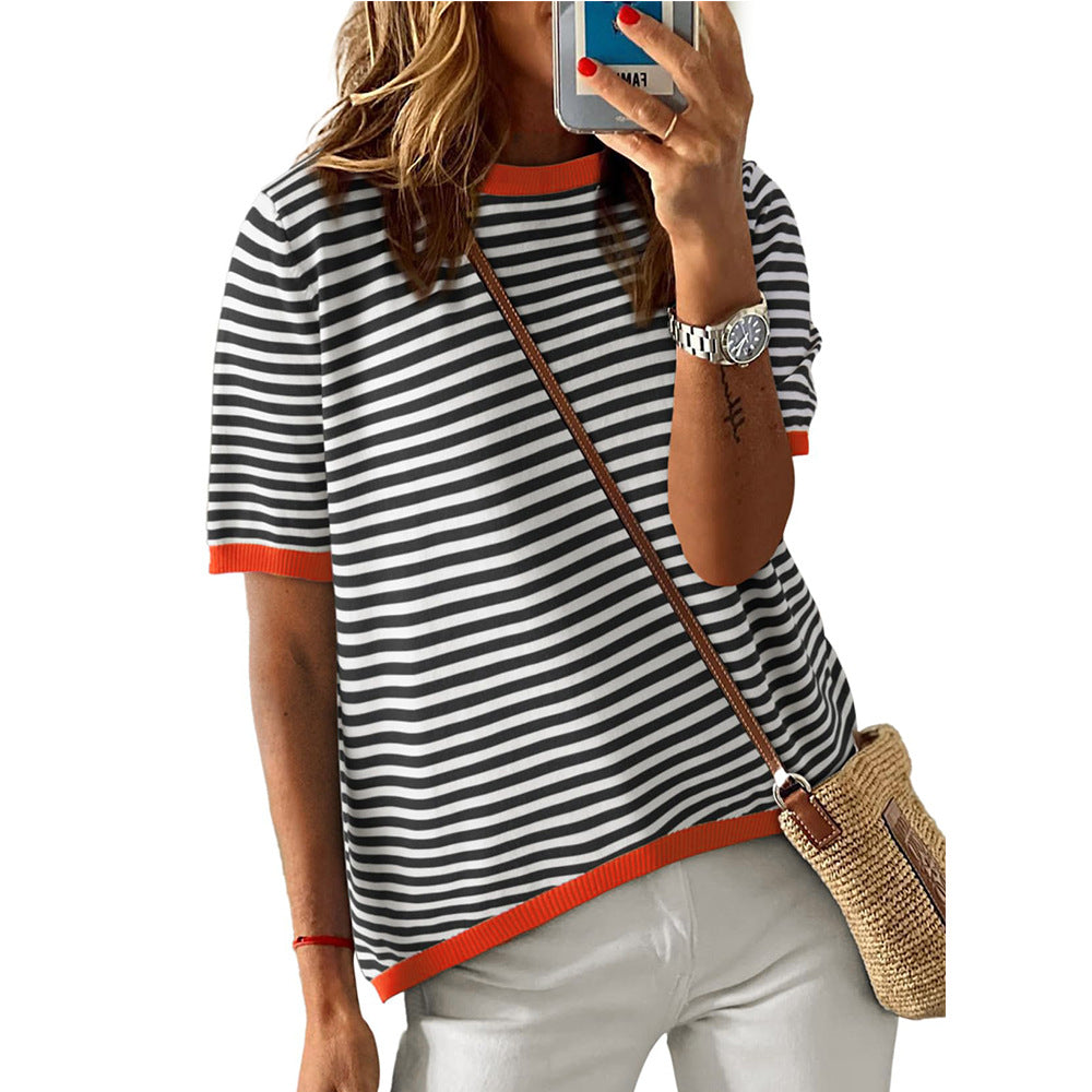 Women's Crew Neck Striped Contrast Short Sleeve Casual Sweater