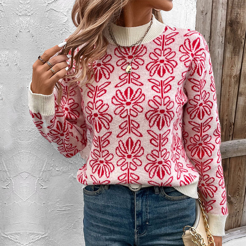 Semi-turtleneck Floral Jacquard Pink Sweater