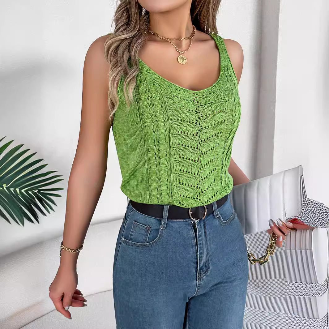 Casual Solid Color V-Neck Cutout Top Sleeveless Knit Sweater