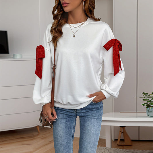 Women's Sweatshirts Top Chirstmas Bow Tie Round Neck Long Sleeve