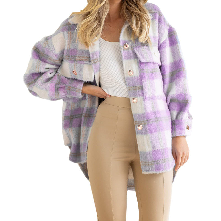 Women's Plaid Mohair Coat Woolen Thick Coat