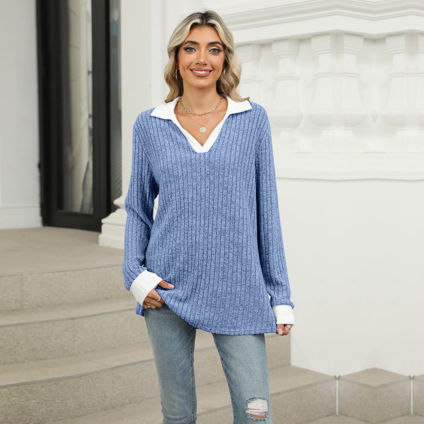 Contrasting Lapel Long Sleeve Loose T-Shirt Top