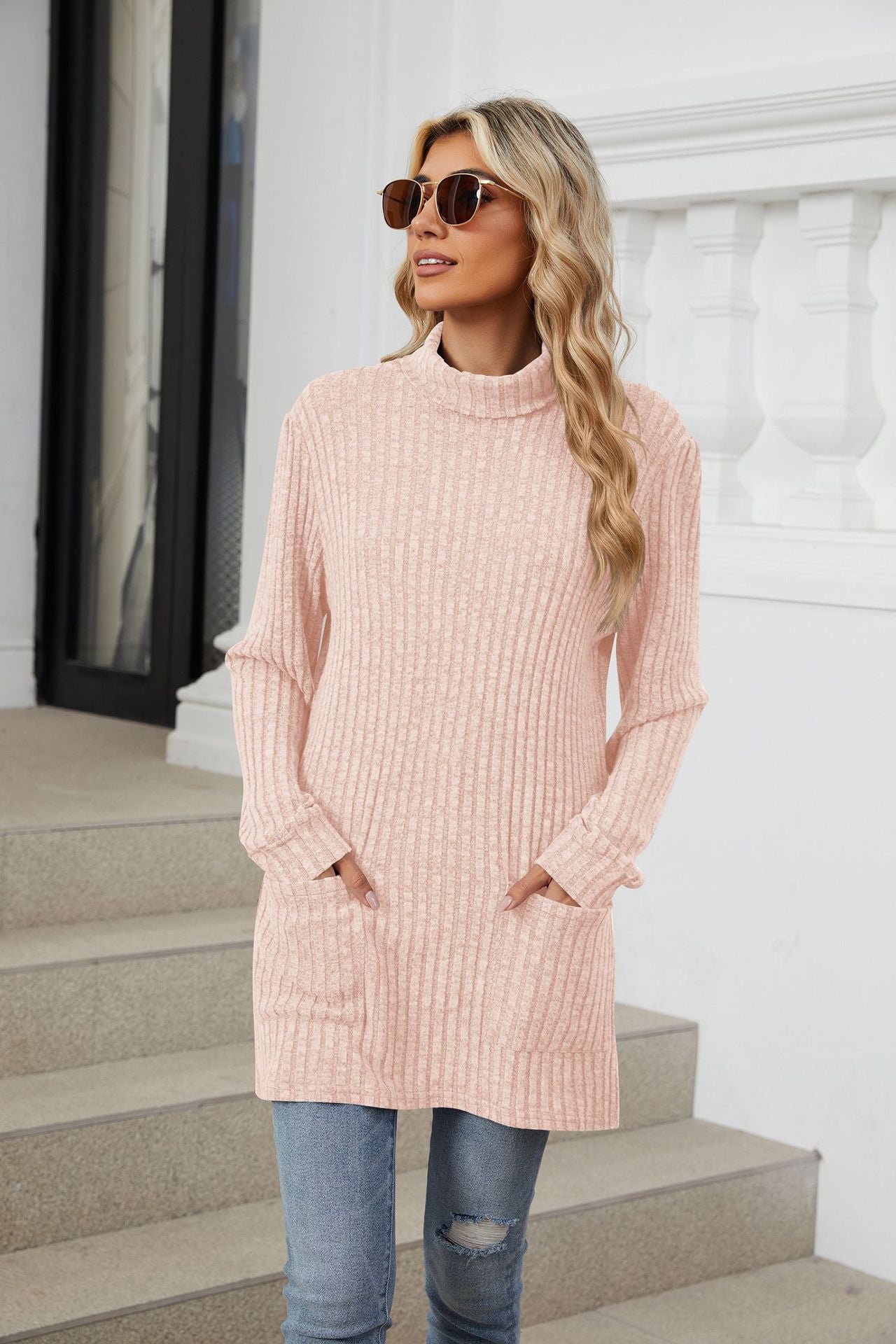 Solid Color Semi-turtleneck Long-sleeved Loose Pocket T-shirt Top