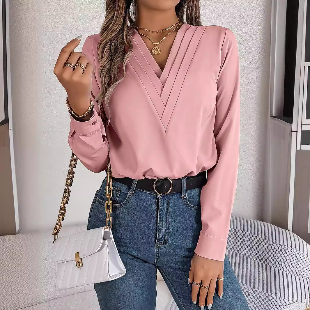 Long Sleeve Tops Pleated V Neck Dressy Casual Blouse Shirt Top