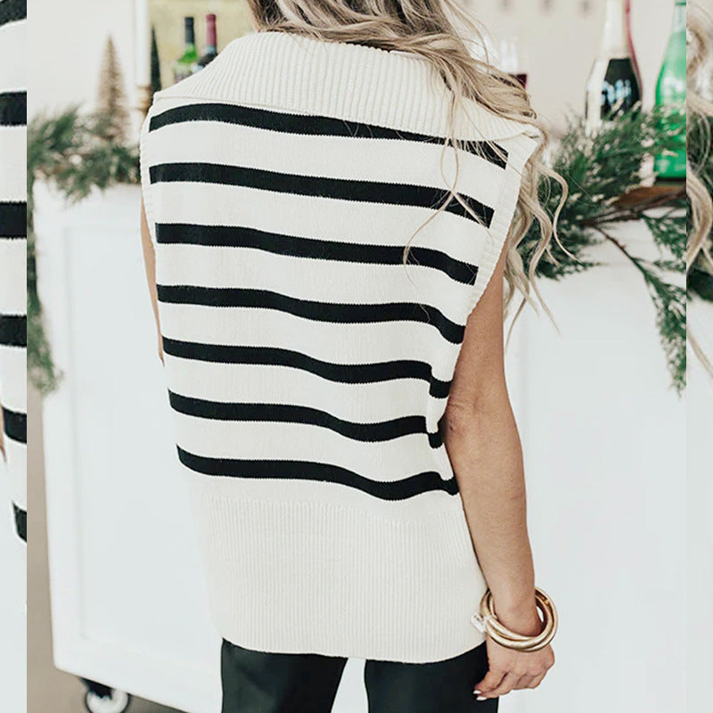 Knitted Striped Lapel Vest Vest