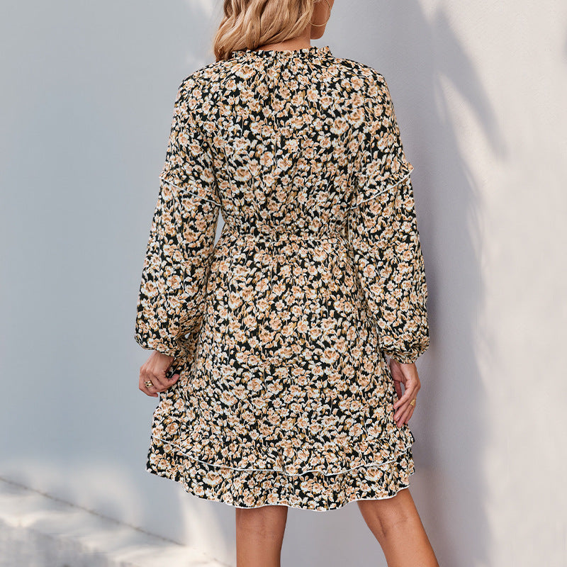 Printed Splicing Short Skirt Long Sleeve Printed Dress