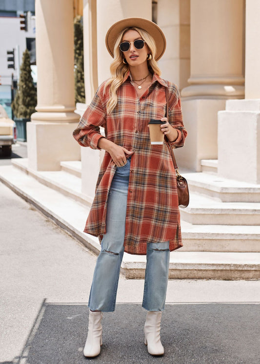 Women's Casual Fashion Loose Long Trench Coat Plaid Shirt