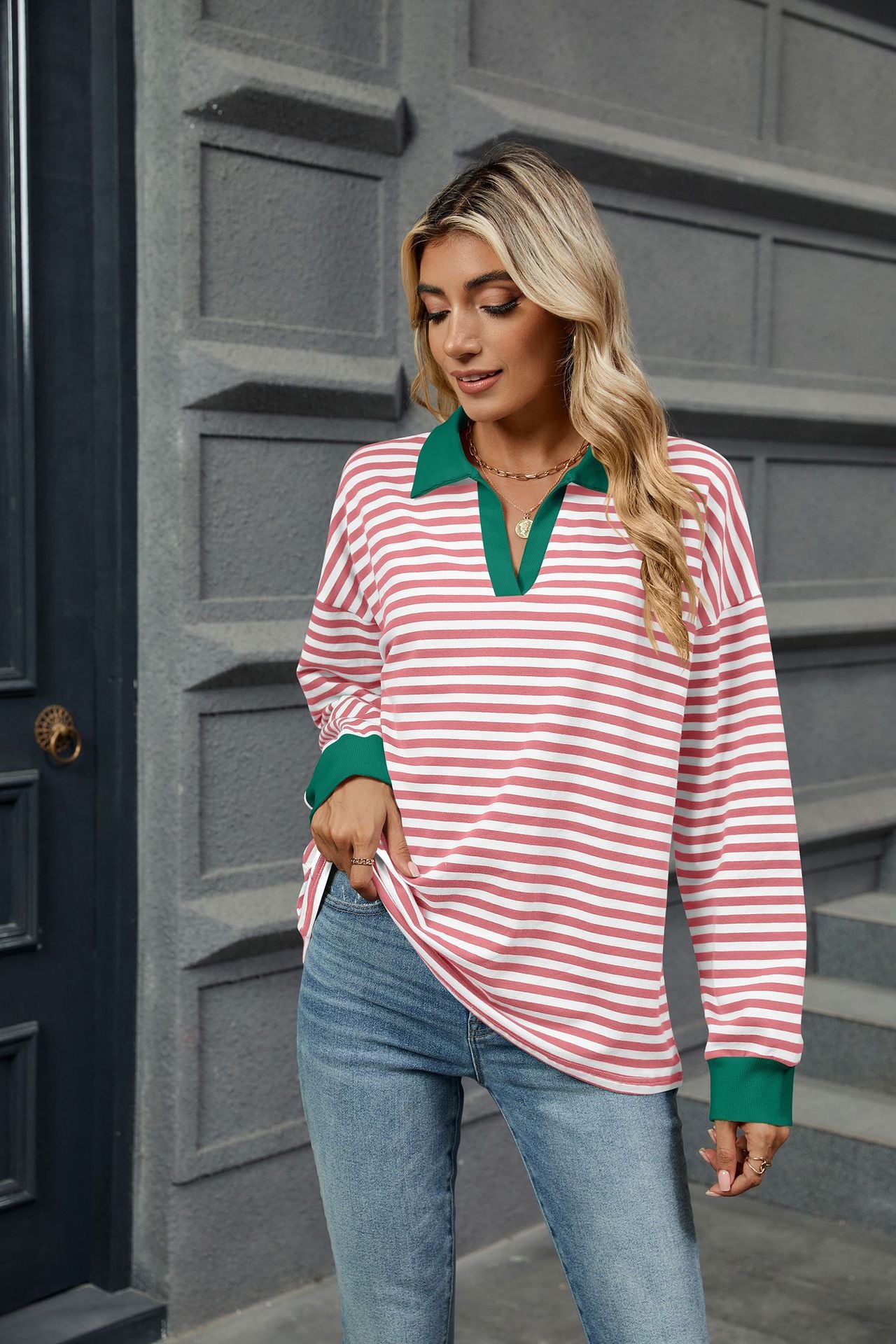 Lapel Loose Long Sleeve Striped Sweater