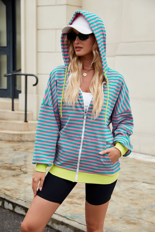 Striped Hooded Contrasting Color Loose Pocket Long Sleeve Sweater Women