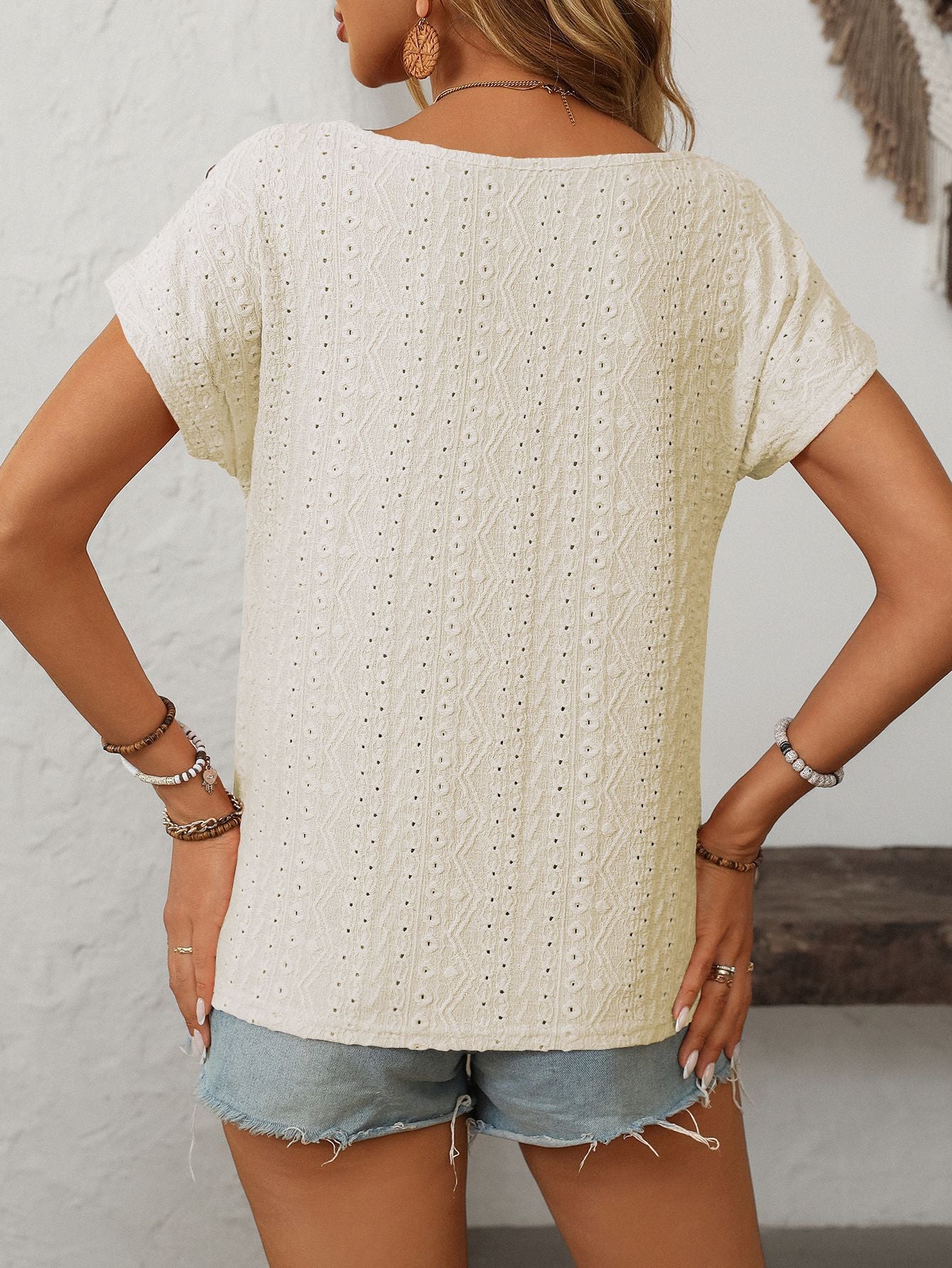 Solid Crewneck Button Short-sleeved Cut-out Top