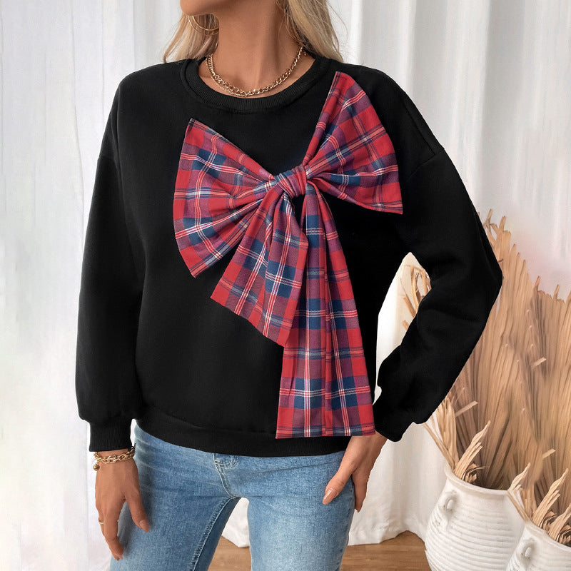 Women's Crew Neck Checked Sweater Bow Top