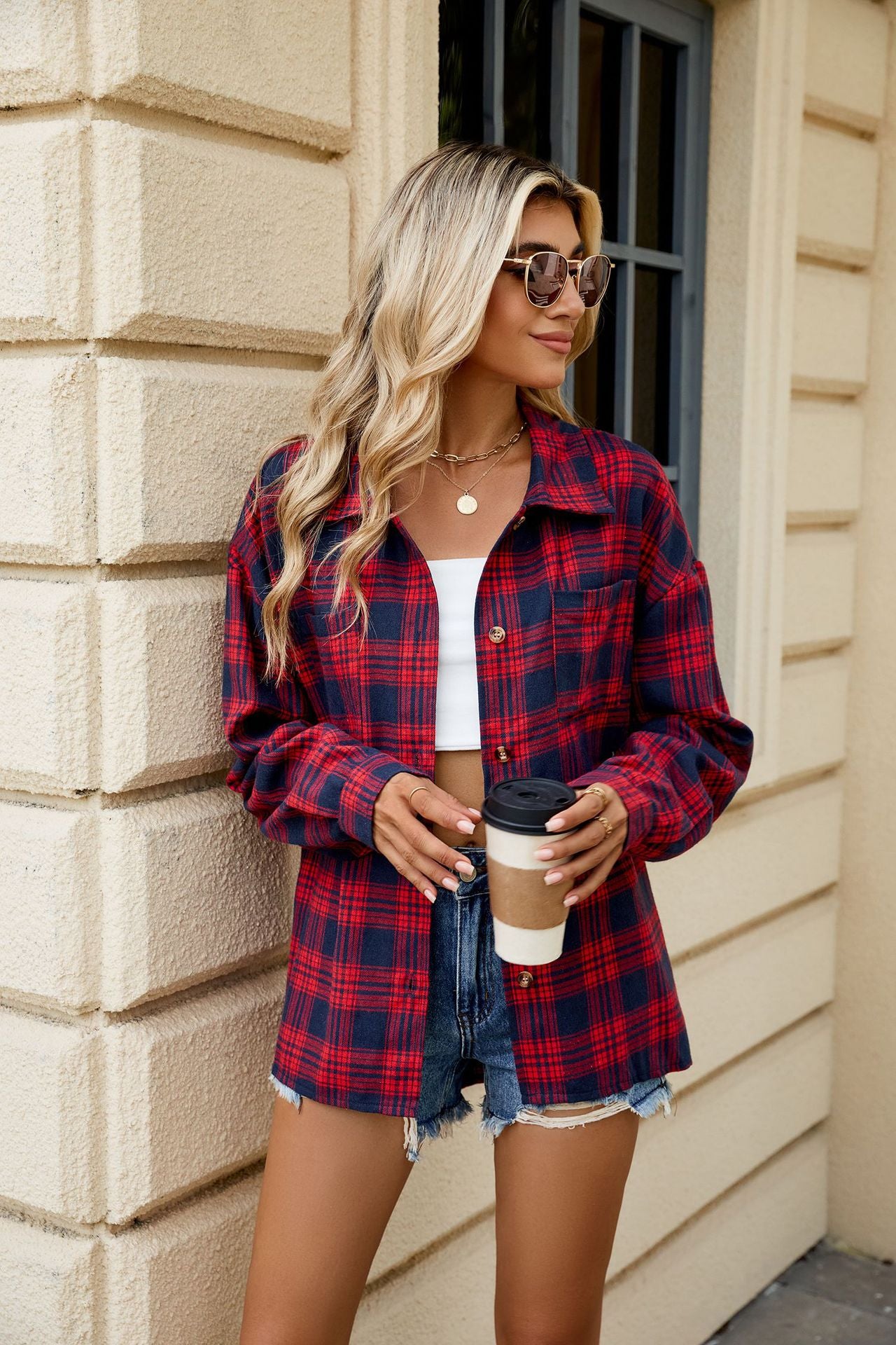 Long Sleeve Pocket Button Plaid Shirt