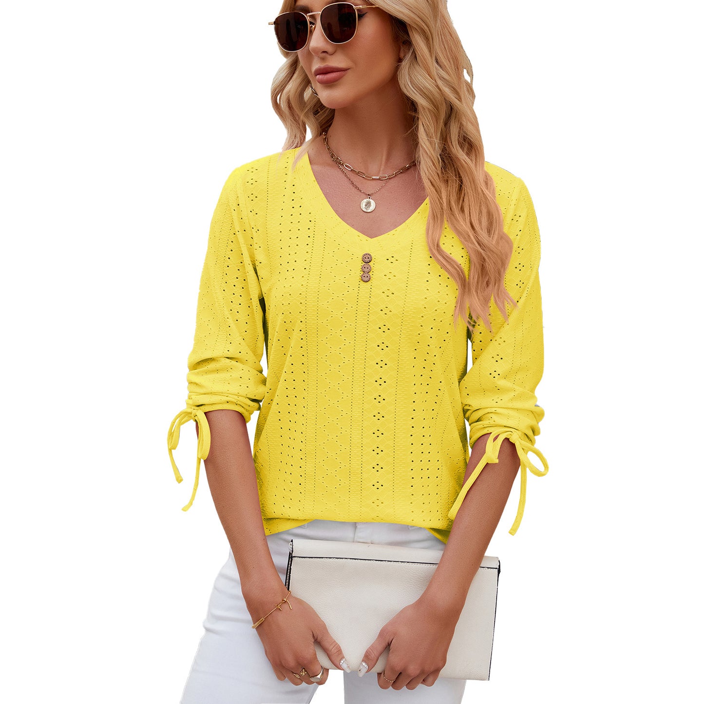 Solid Color Jacquard Button Middle Sleeve T-shirt