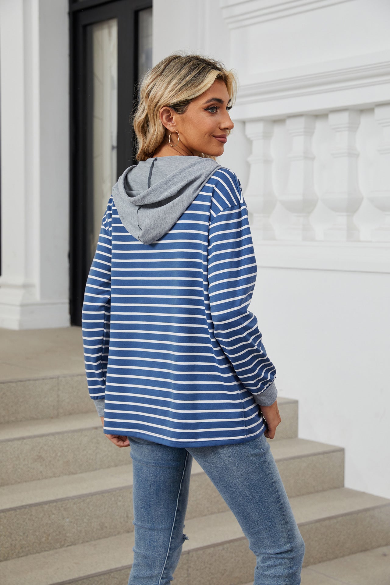 Striped Contrasting Splicing Hooded Long-sleeved Loose Sweater