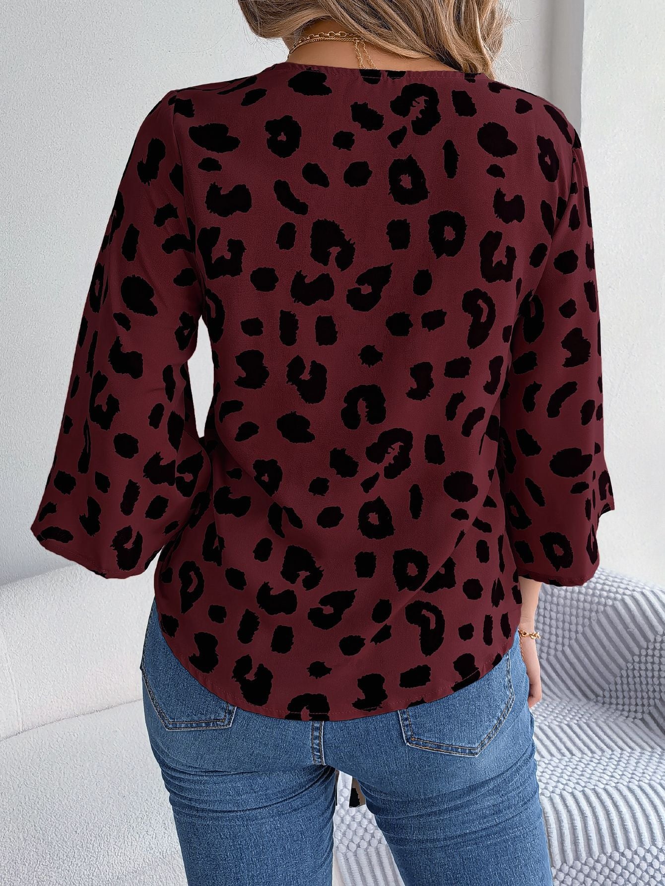 Casual Leopard Print Lace-Up Chiffon Shirt V Neck Tops