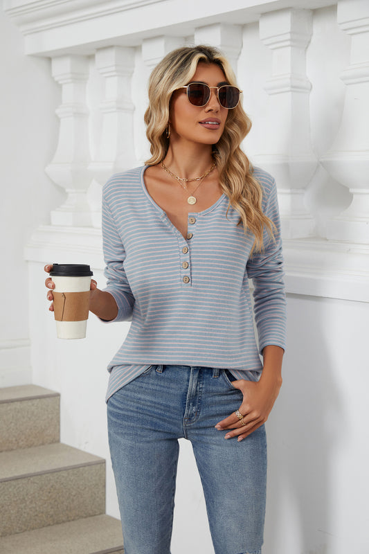 Crew Neck Button Loose Long Sleeve Striped