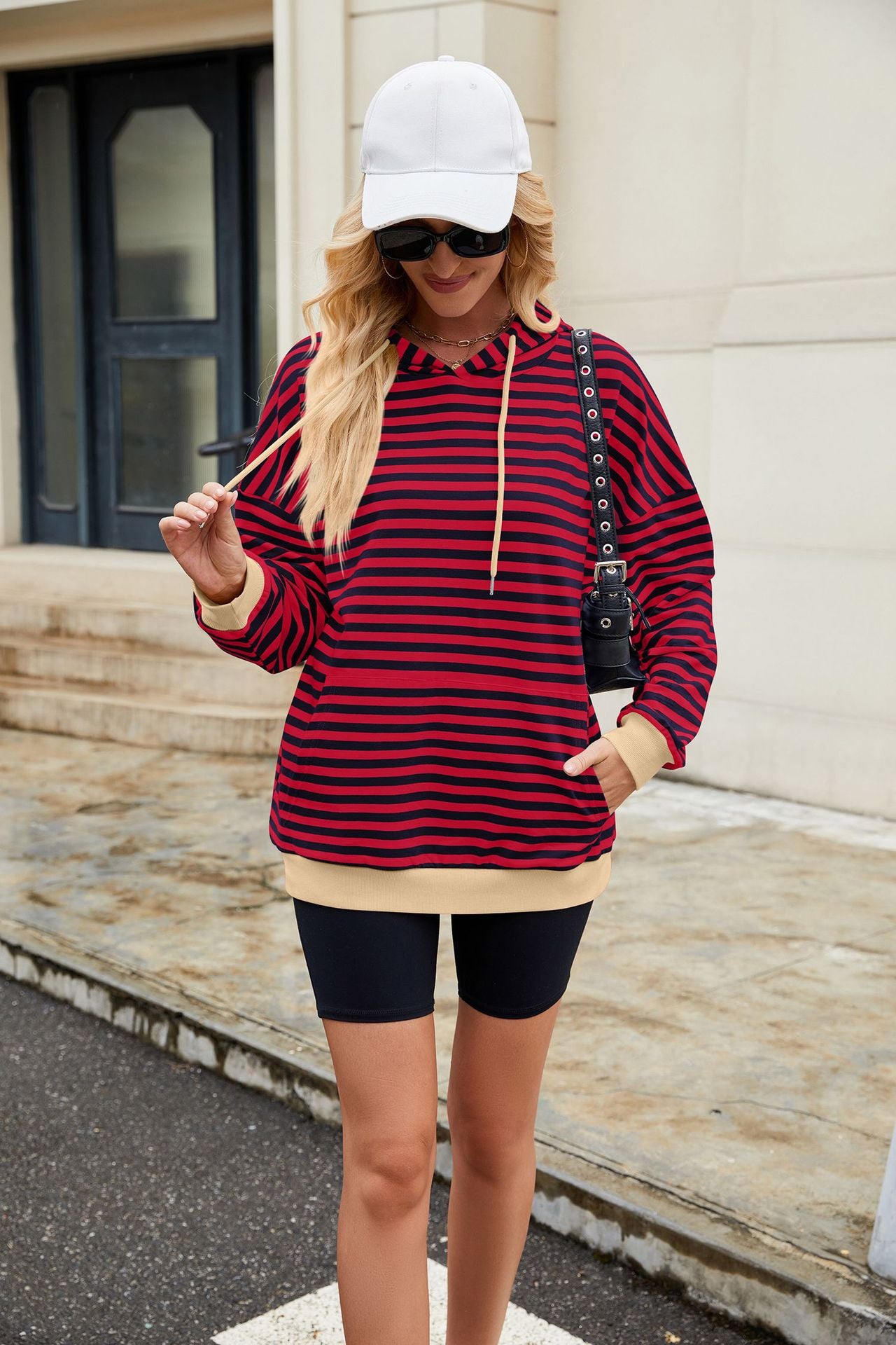 Striped Contrast Casual Hooded Loose Pocket Sweater