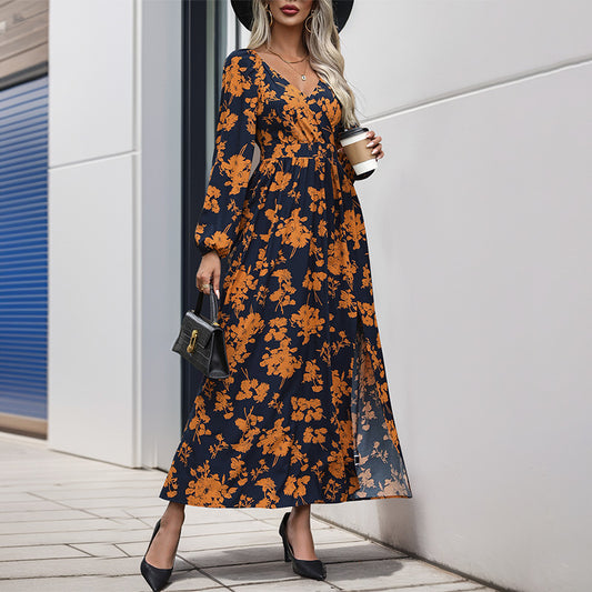 Women's Long-sleeved V-neck Print Dress