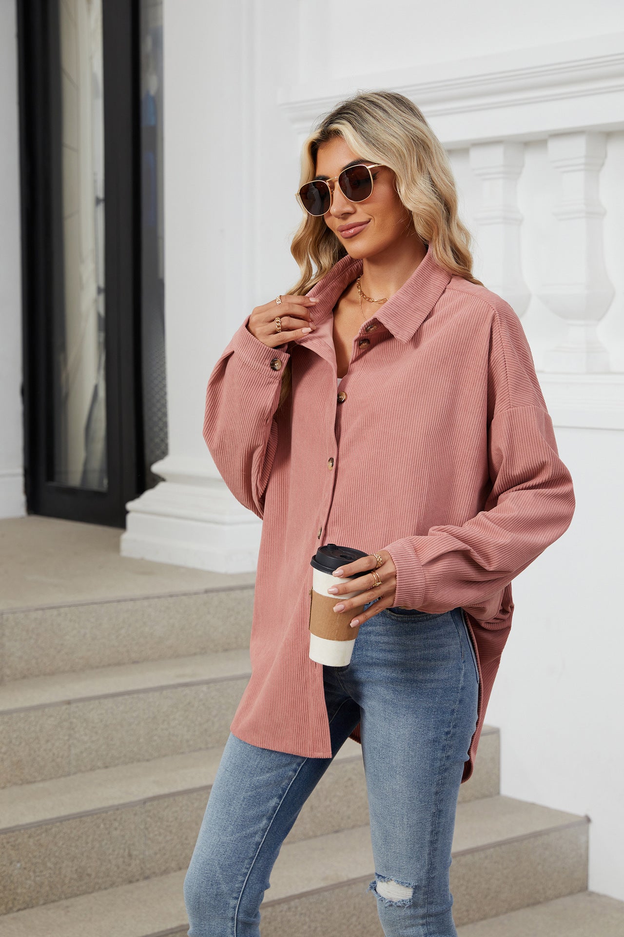 Solid Color Lapel Button-down Long-sleeved Loose Shirt