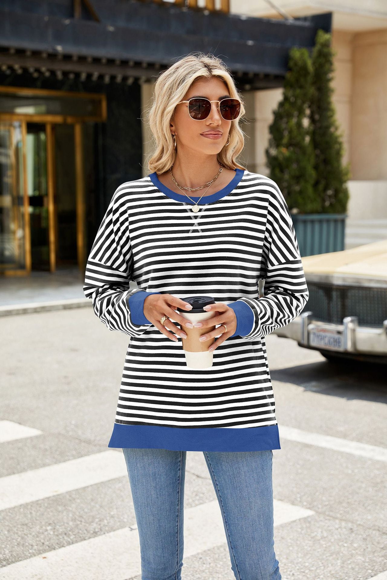 Contrasting Crew Neck Split Long Sleeve Loose Striped Sweater