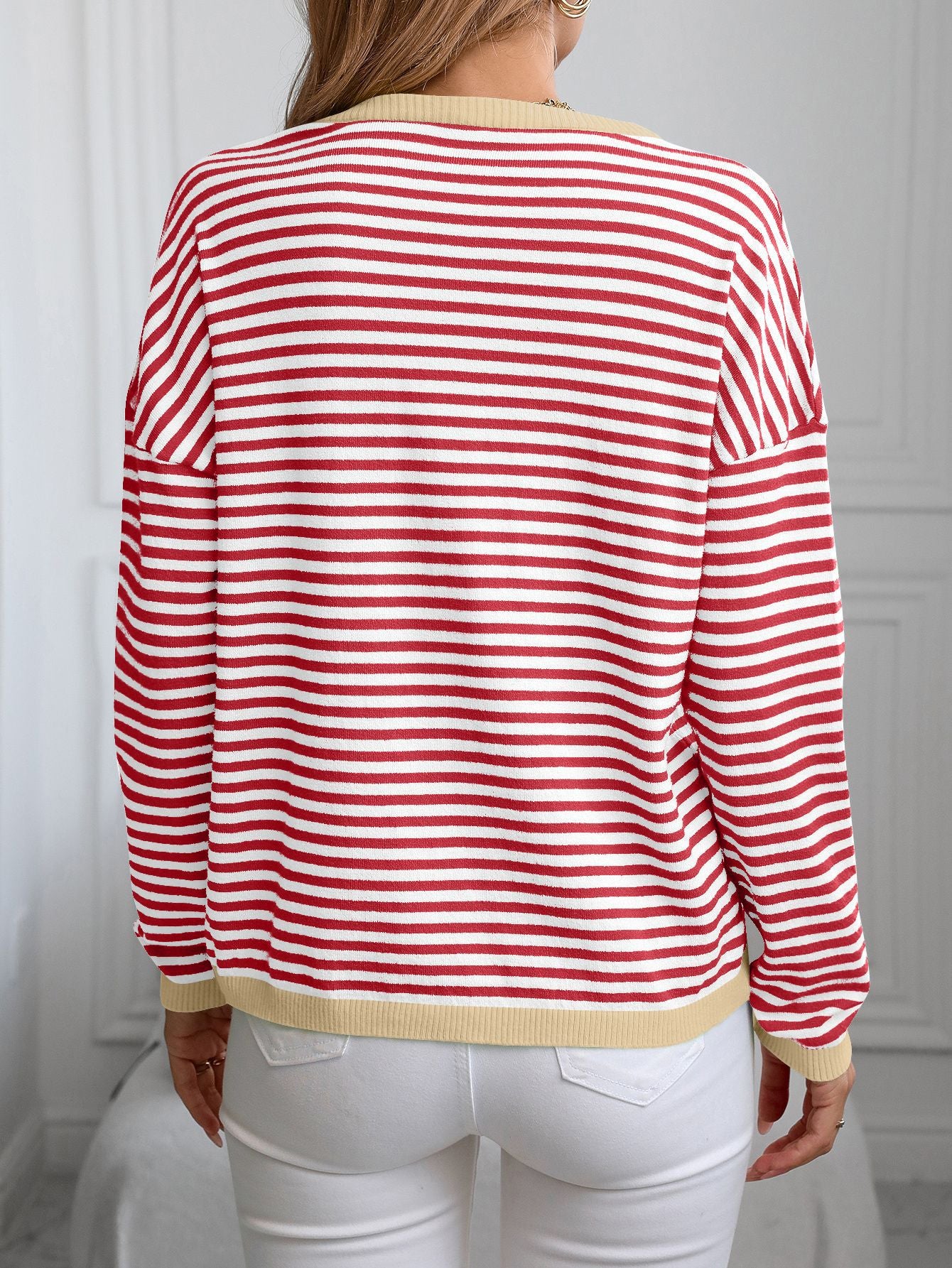 Women's V-Neck Striped Contrast Color Long Sleeve Casual Sweater