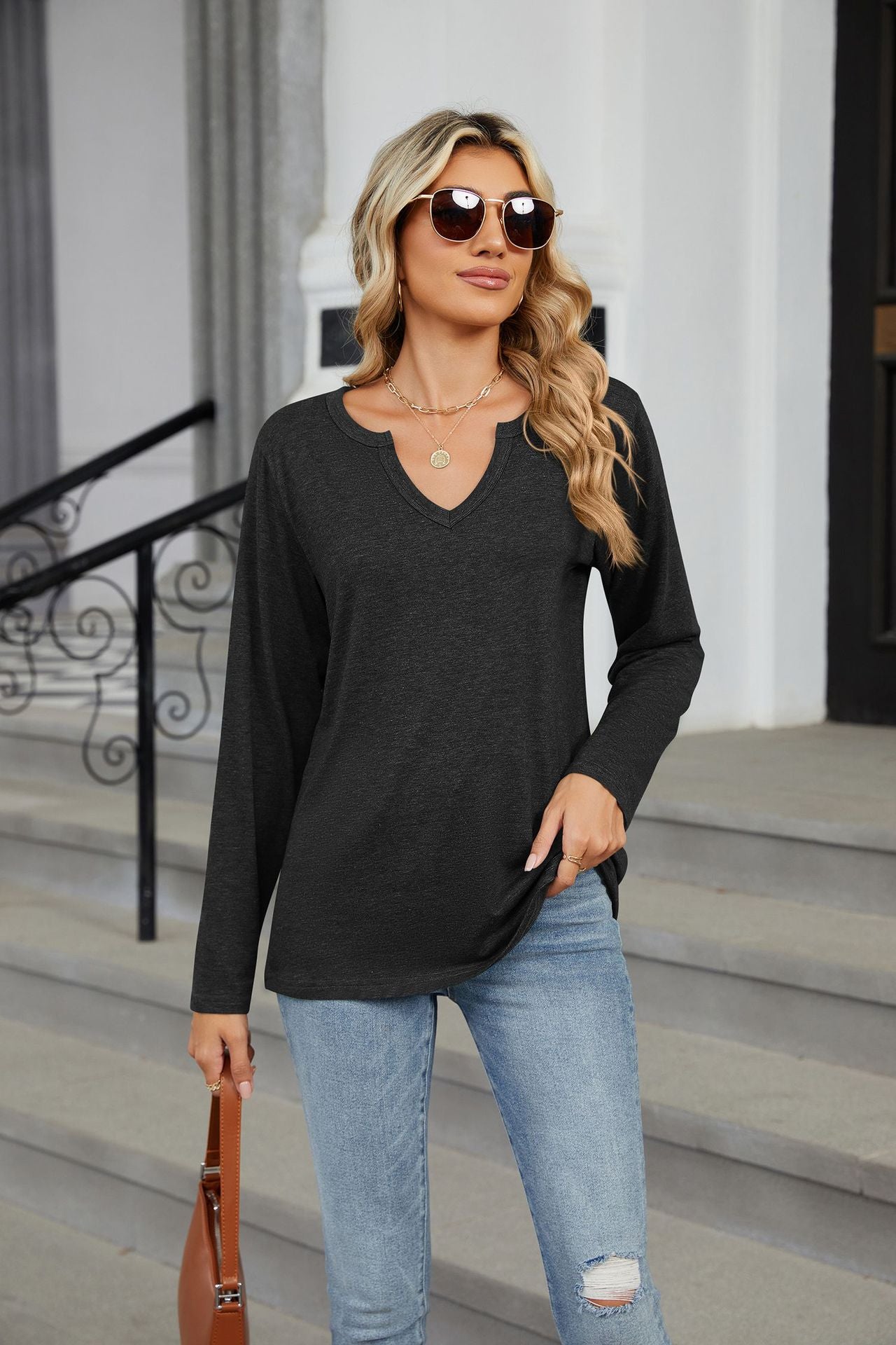 V-neck Long-sleeved Loose T-shirt Solid Color Top