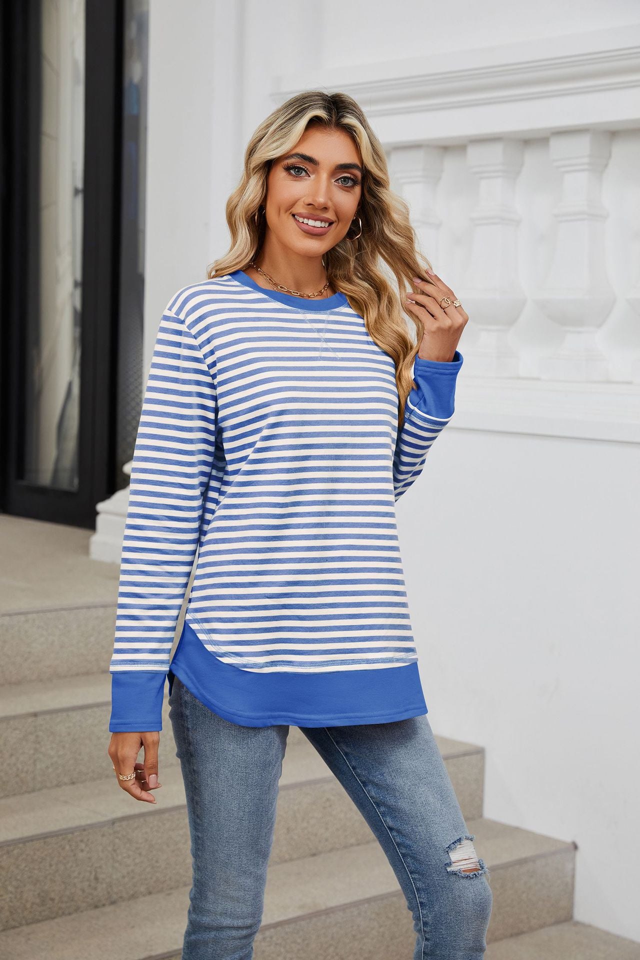 Striped Contrast Color Crew Neck Loose Long Sleeve Sweater