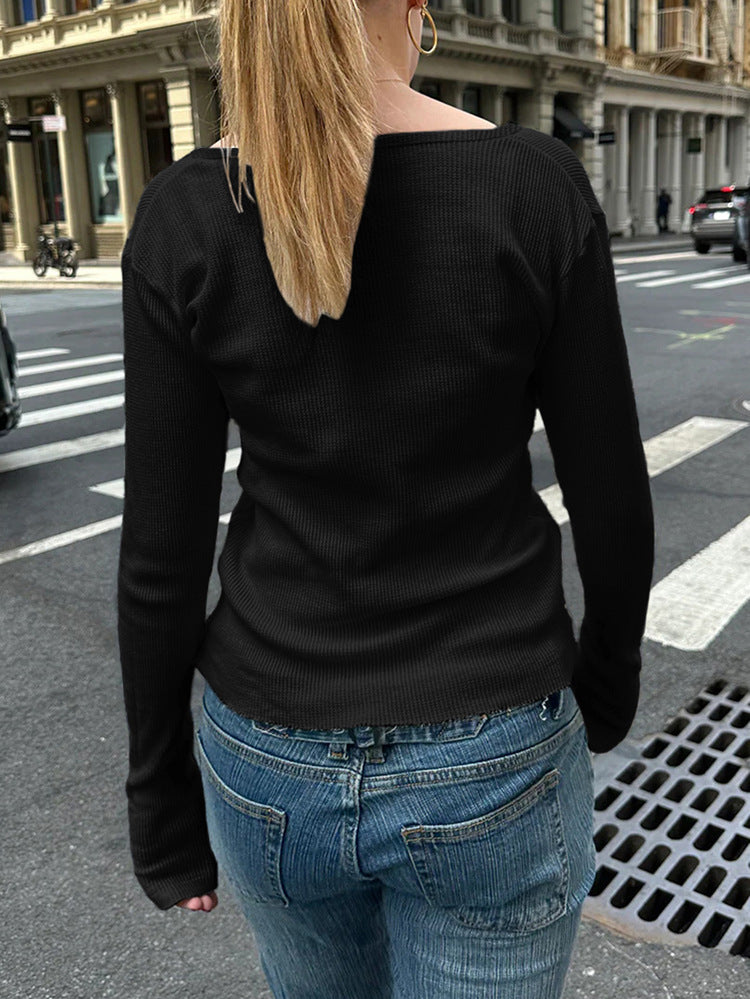 Long Sleeve Tops V-Neck Button Slim Fit Knit Top