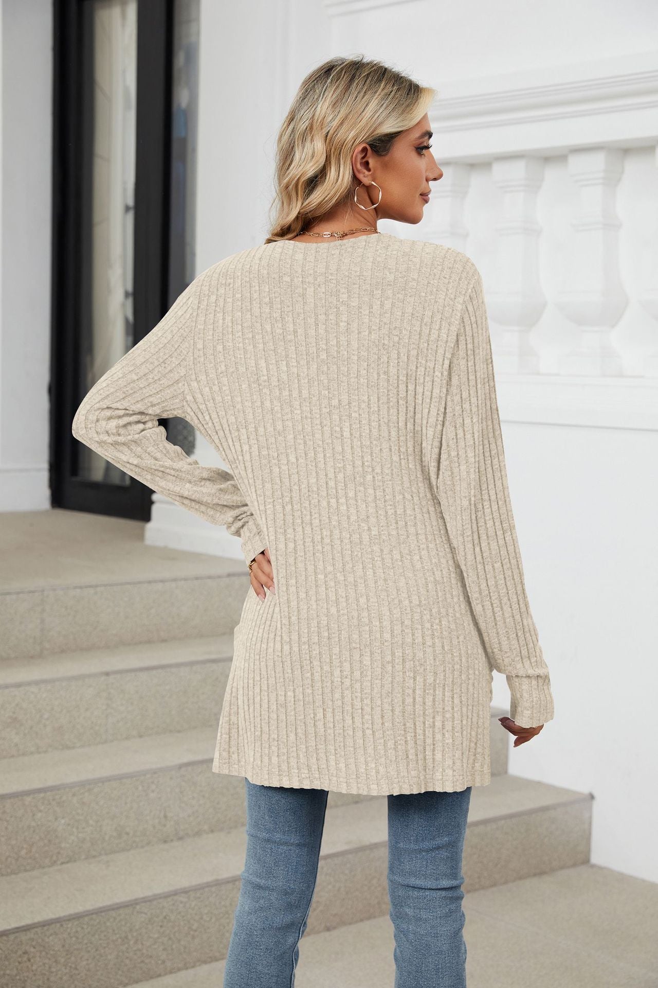 Solid Color Pocket Long-sleeved Bottom Cardigan Knitted Sweater