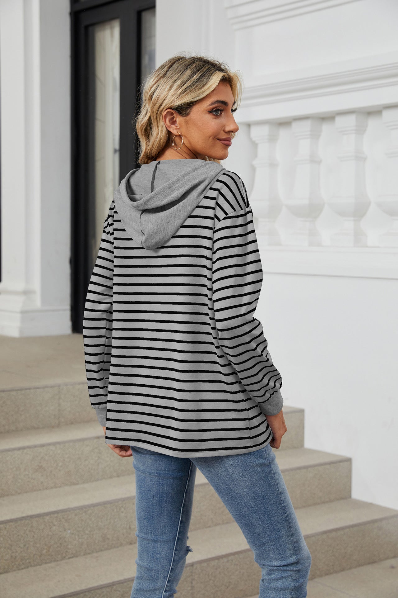 Striped Contrasting Splicing Hooded Long-sleeved Loose Sweater