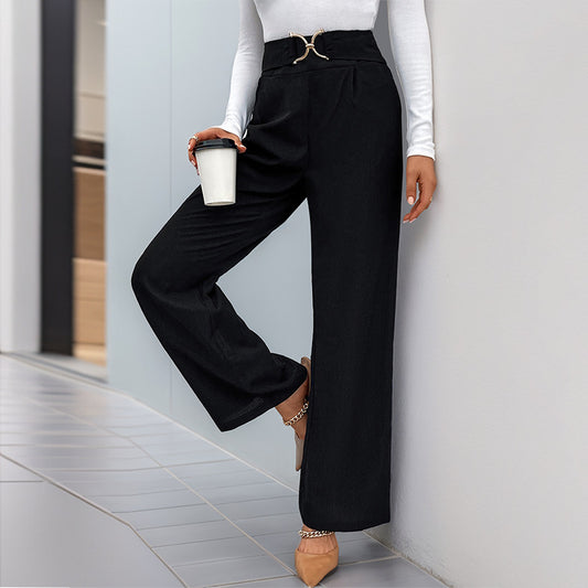 Solid Color Buckle-up High-waisted Straight-leg Pants