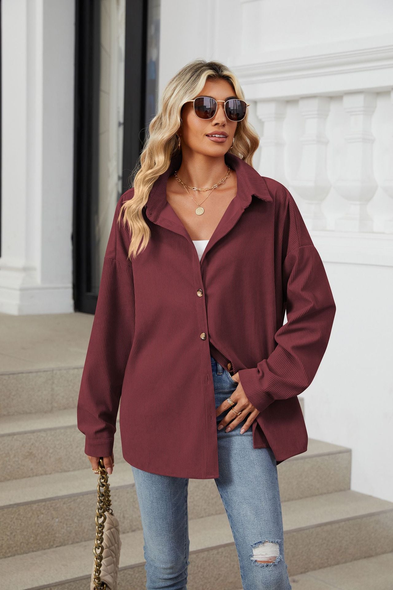 Solid Color Lapel Button-down Long-sleeved Loose Shirt