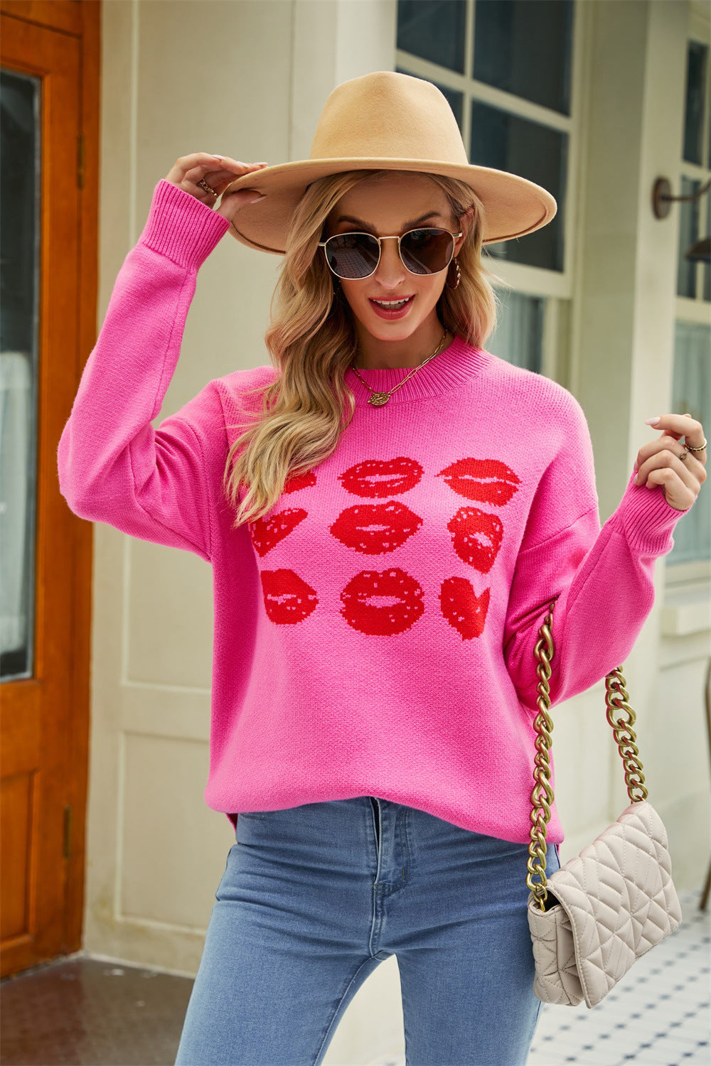 Valentine's Day Crew Neck Jacquard Heart Peach Pullover Knit Sweater