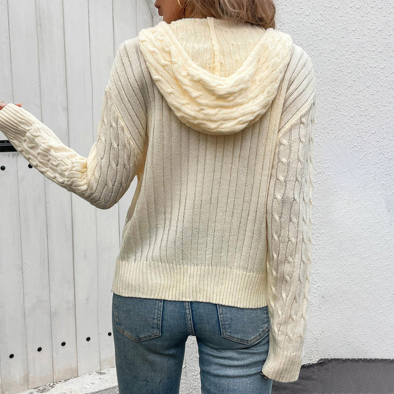 Hooded Twisted Solid Color Sweater Cardigan