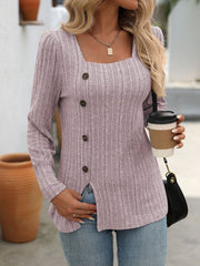 Square Collar Pit Strip Polished Solid Color Top Long Sleeve Buttons